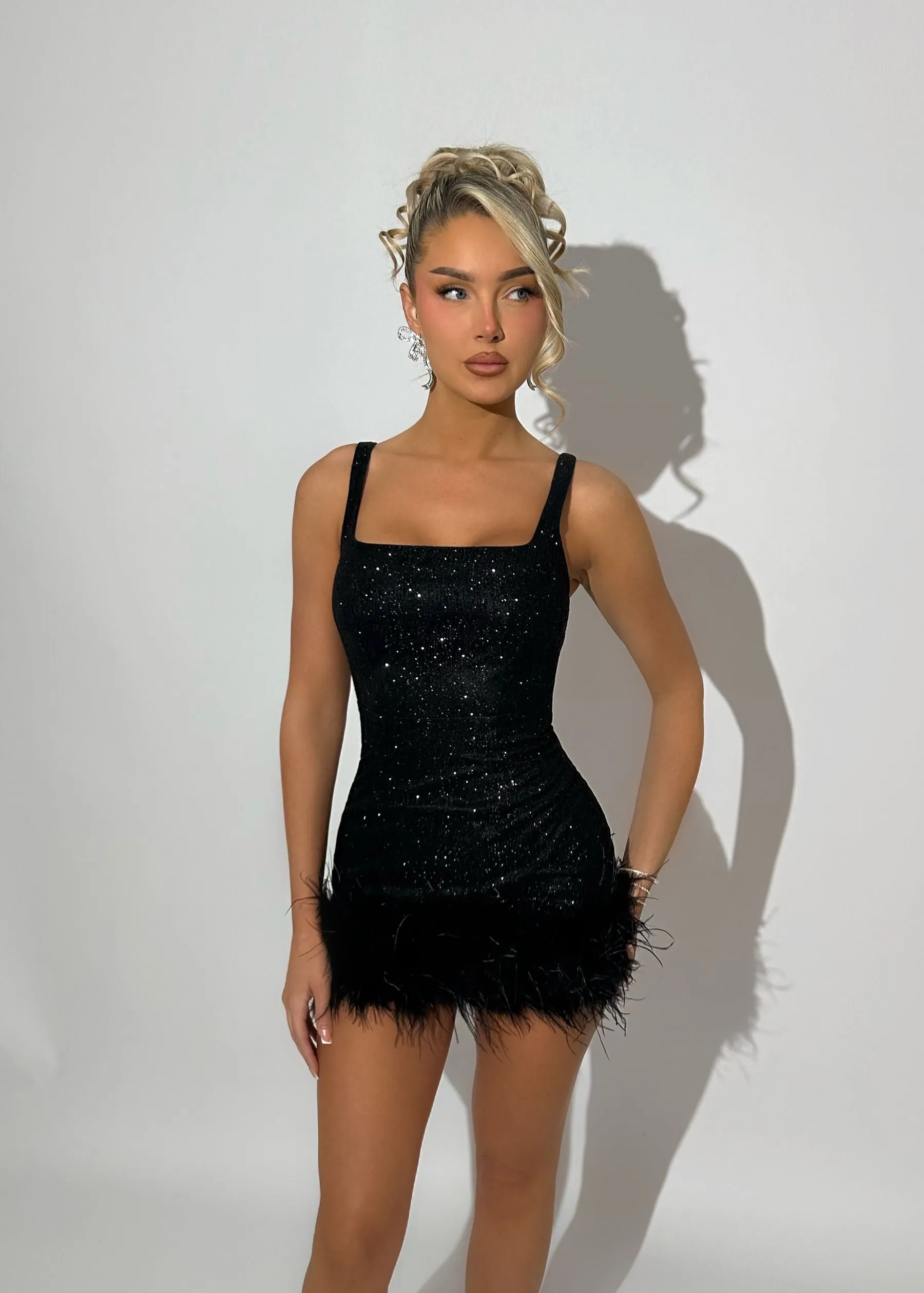 Glitz and Glamour Glitter Feather Detail Mini Dress - Black