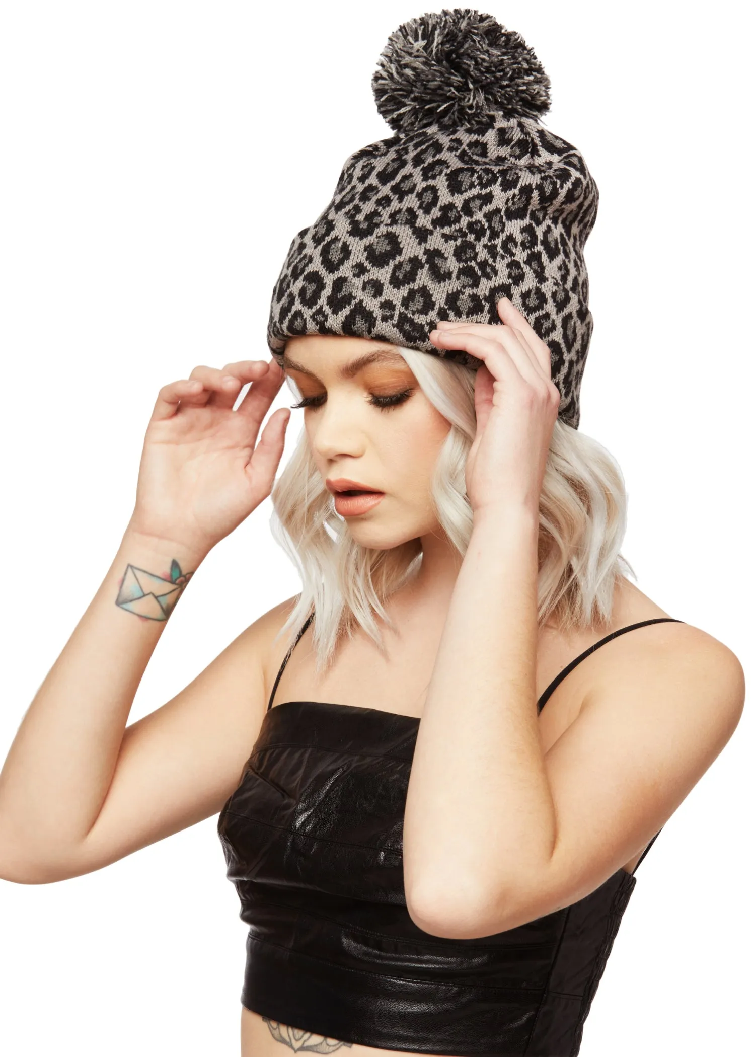 Gray Leopard Animal Print Beanie Hat