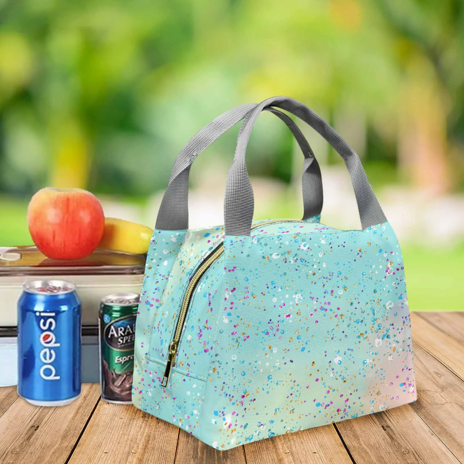 Green Splash  Portable Lunch Bag-Grey Handle