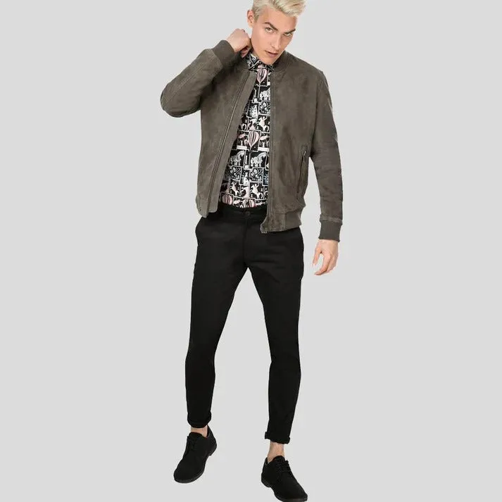 Grey Suede Bomber Leather Jacket For Men