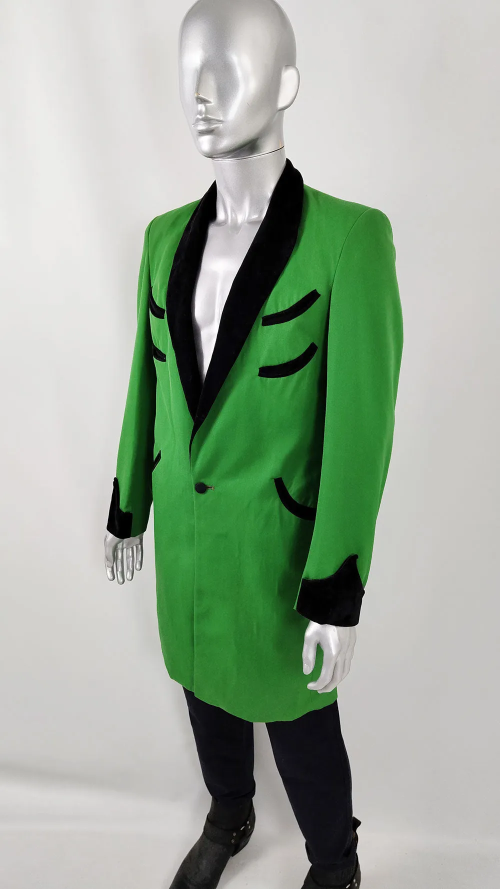 Hardy Amies Vintage Green & Black Velvet Drape Coat, 1970s