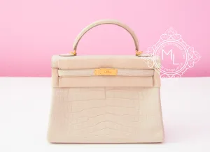 Hermes Beton White Matte Crocodile Kelly 32 Handbag