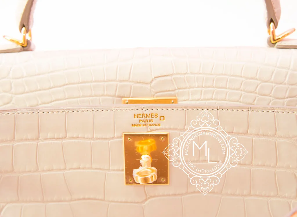 Hermes Beton White Matte Crocodile Kelly 32 Handbag