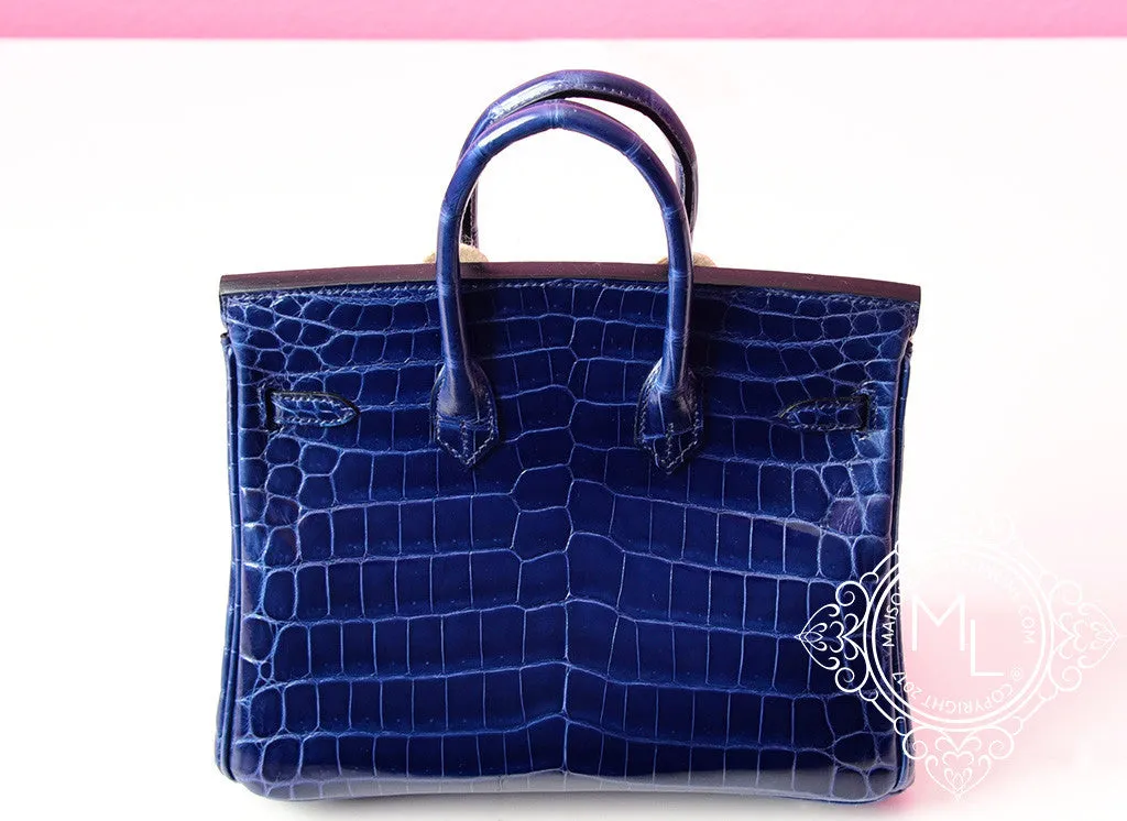 Hermes Blue Saphir Sapphire Crocodile Gold Birkin 25 Handbag