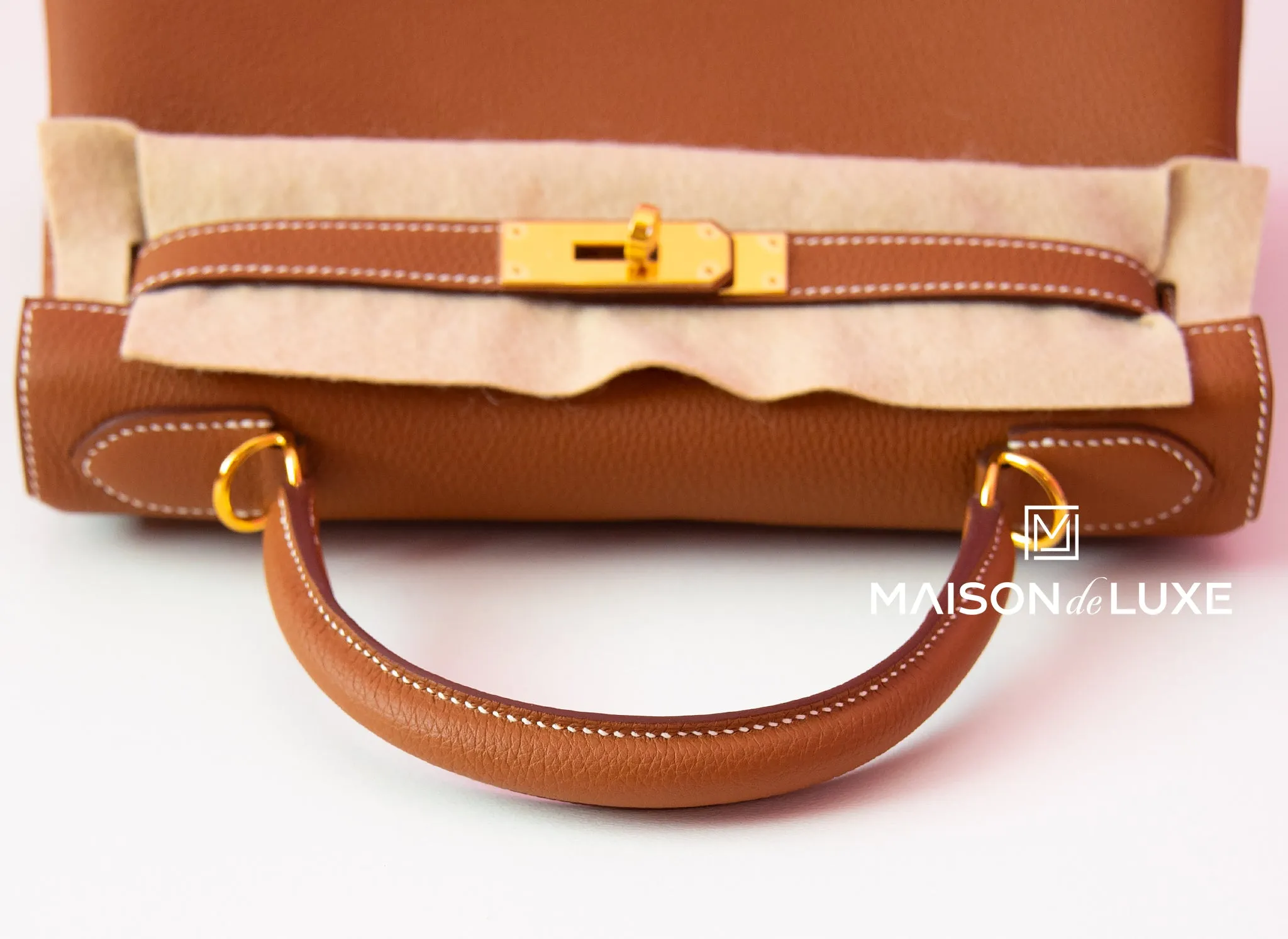 Hermes Gold Tan Brown GHW Togo Kelly 28 Handbag