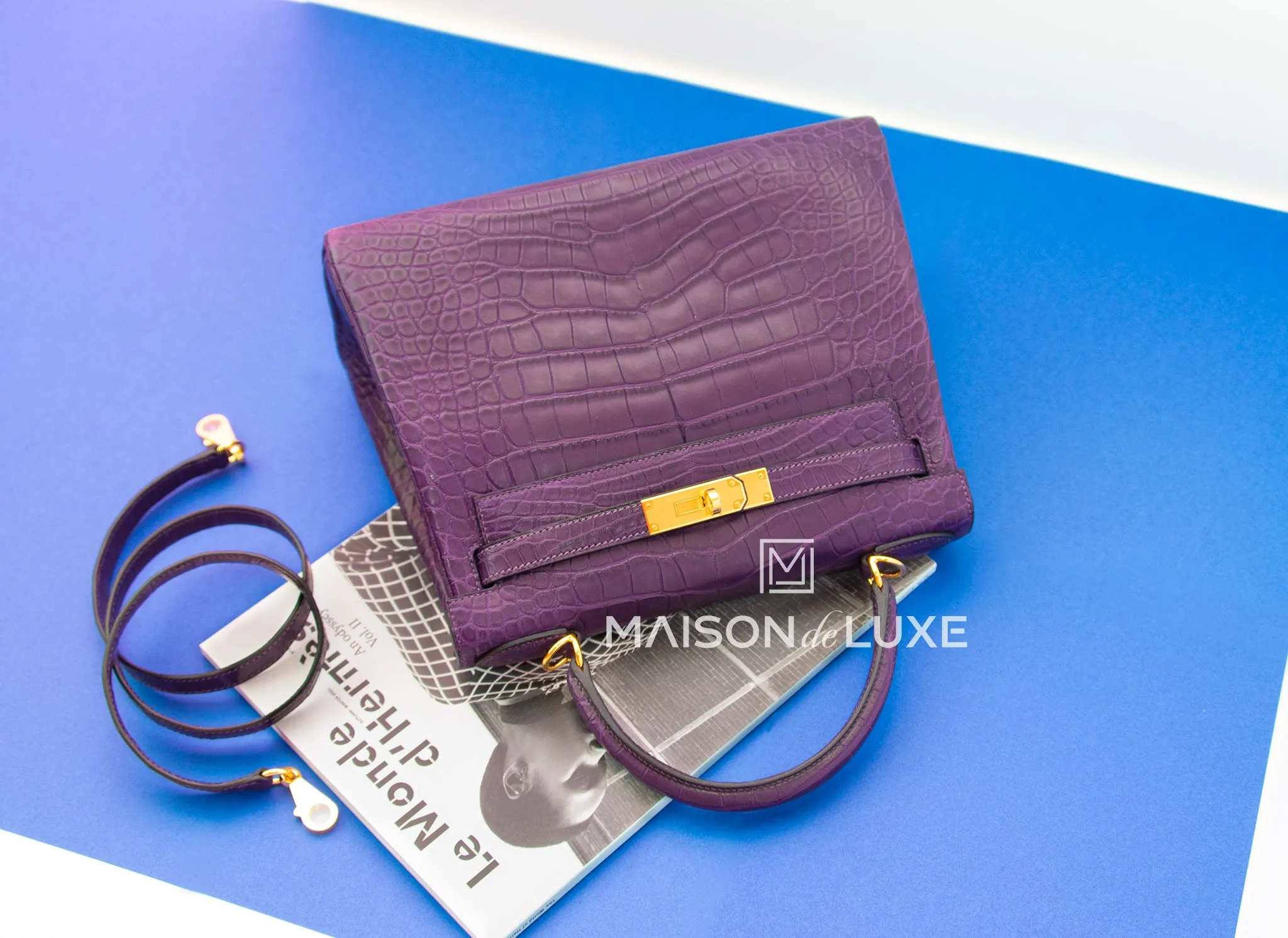 Hermes Kelly Retourne 28 Amethyst Matte Crocodile Alligator Handbag