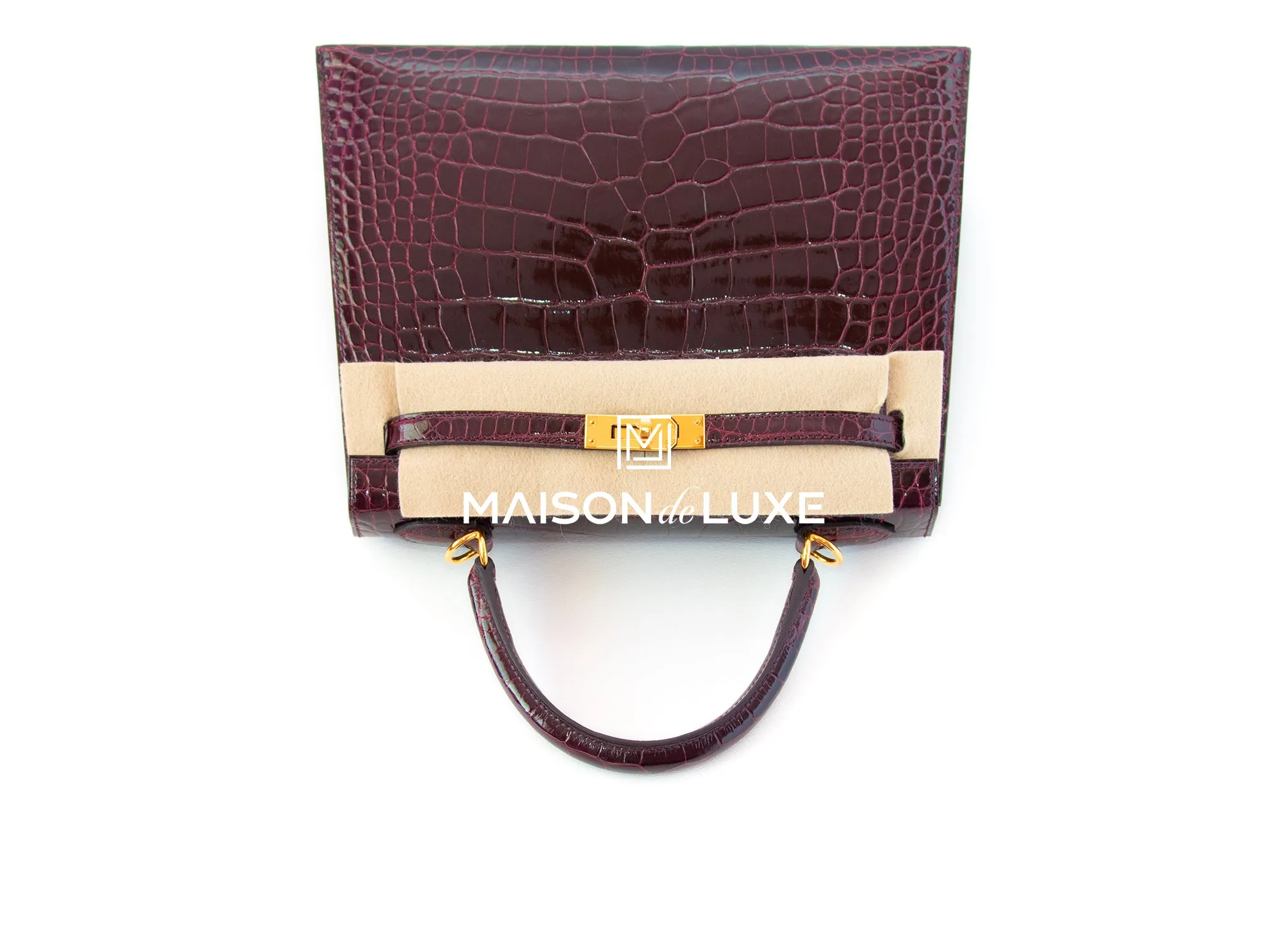 Hermes Kelly Sellier 25 Bordeaux Shiny Crocodile Handbag