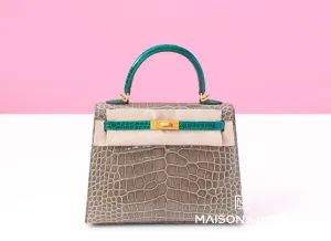 Hermes Kelly Sellier 25 Gris Tourterelle   Vert Emeraude HSS Crocodile Alligator Handbag