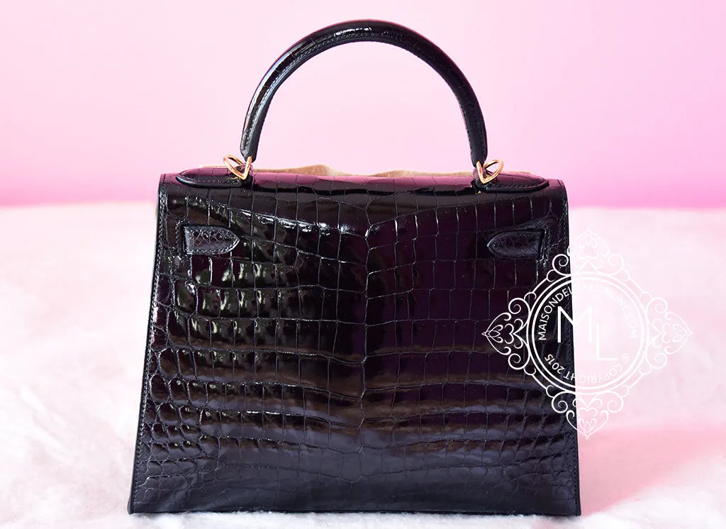 Hermes Noir Black GHW Niloticus Crocodile Sellier Kelly 28 Handbag