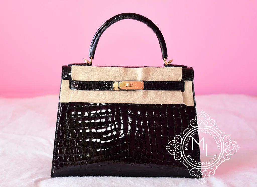 Hermes Noir Black GHW Niloticus Crocodile Sellier Kelly 28 Handbag