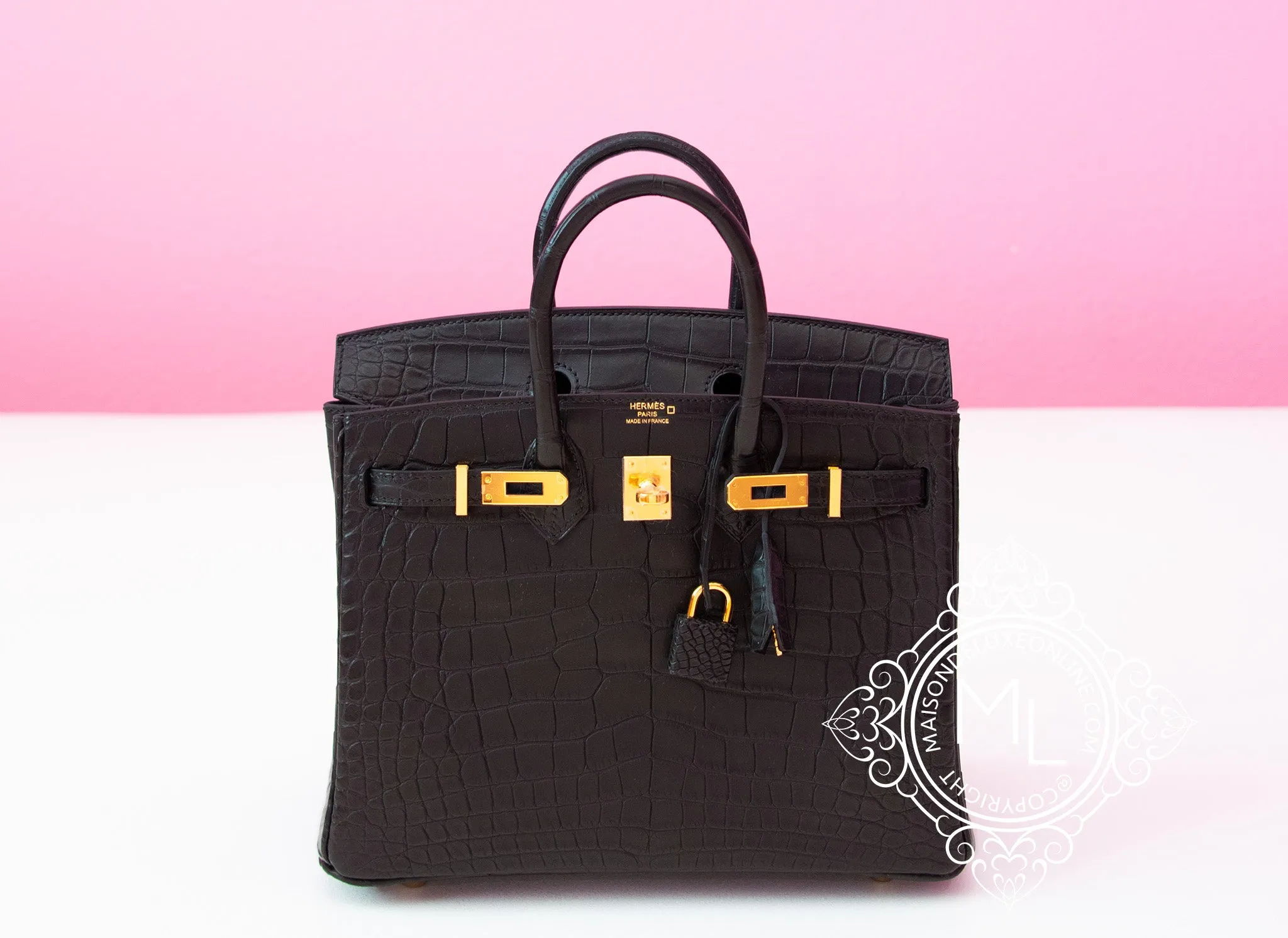 Hermes Noir Black Matte Crocodile Gold Birkin 25 Handbag