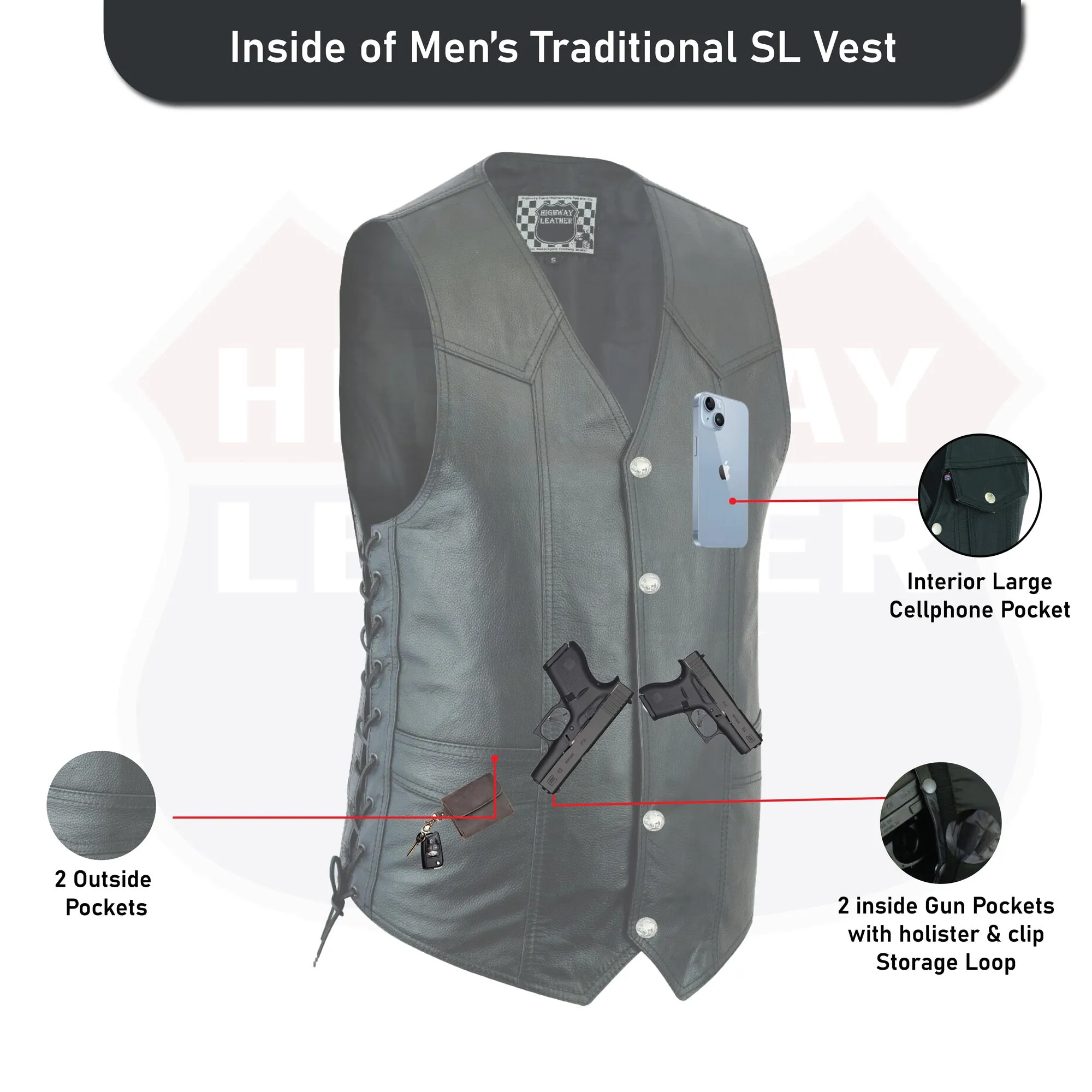 HL11614SPT Men's Classic Leather Vest Motorcycle Gun Pockets for Riders, Easy Biker Patch Sewing, Side Lacing Western Cut