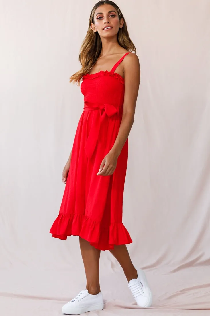 Honey Shirred Frill Midi Dress Red