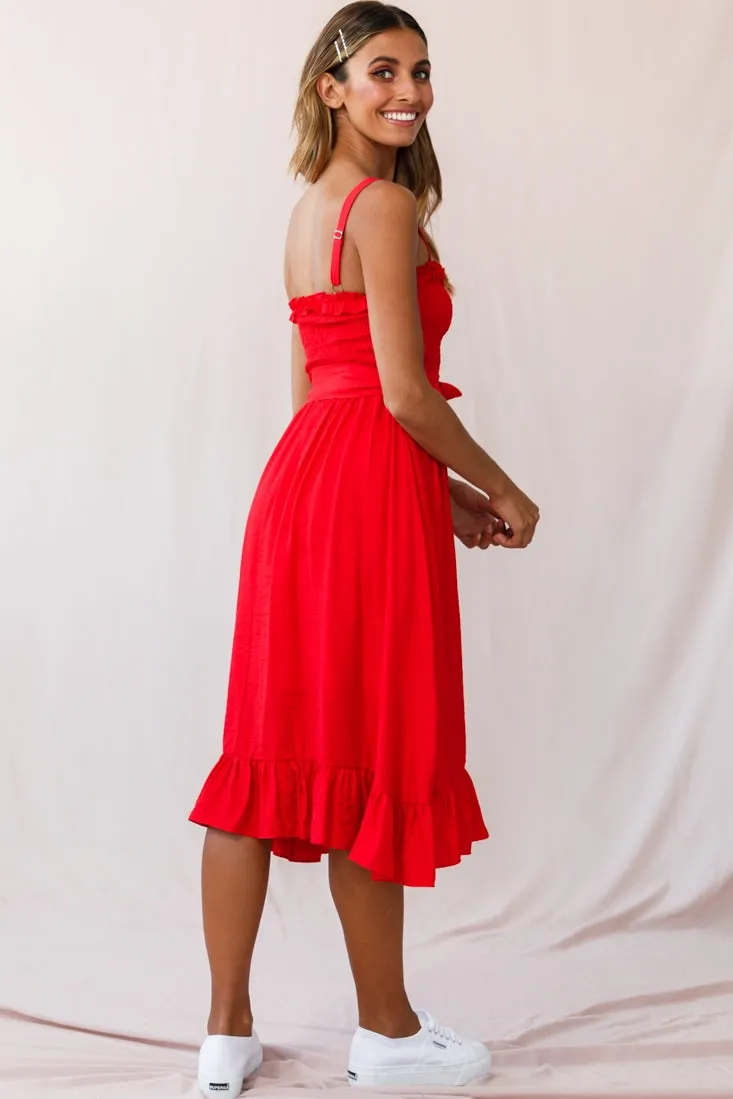 Honey Shirred Frill Midi Dress Red