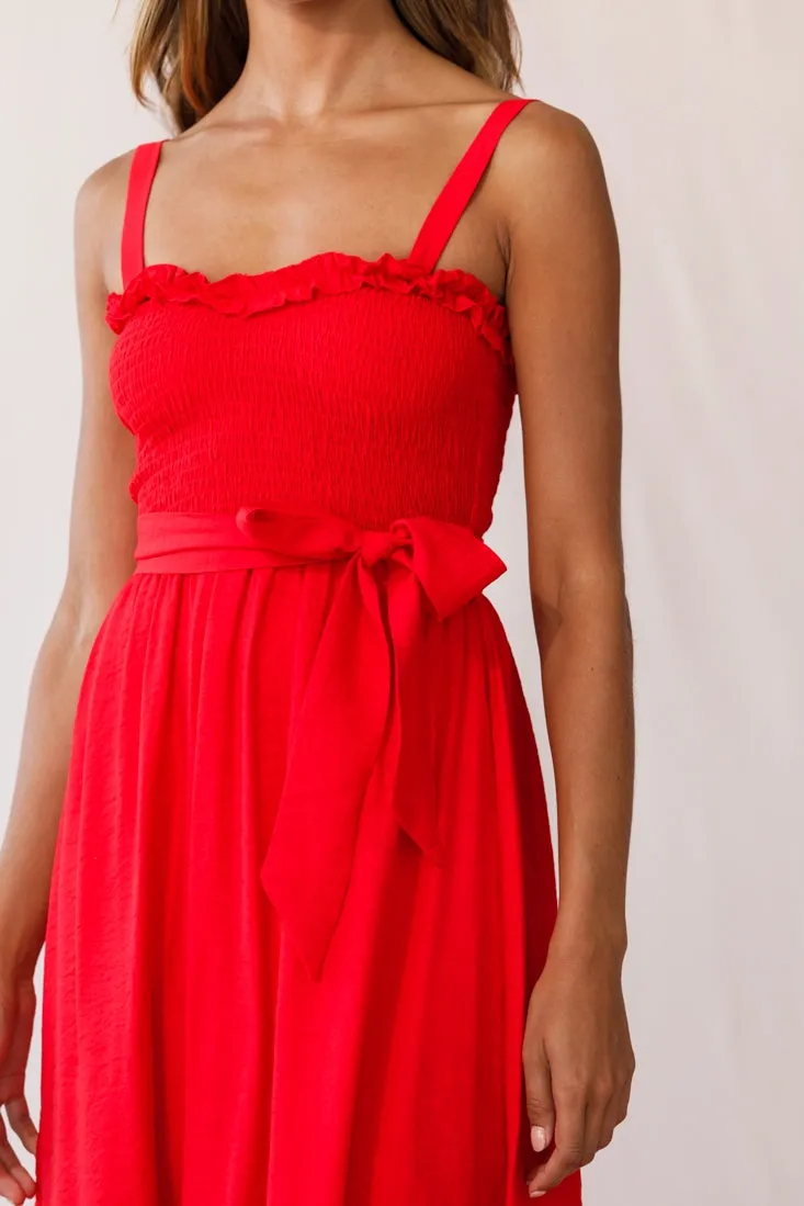 Honey Shirred Frill Midi Dress Red