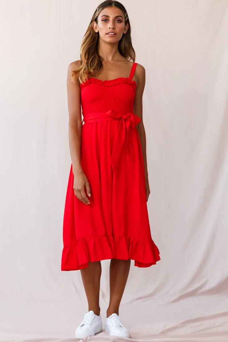 Honey Shirred Frill Midi Dress Red