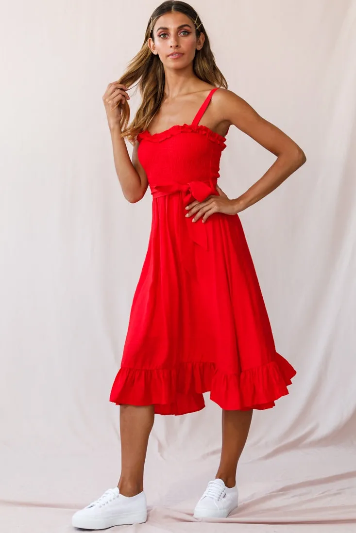 Honey Shirred Frill Midi Dress Red