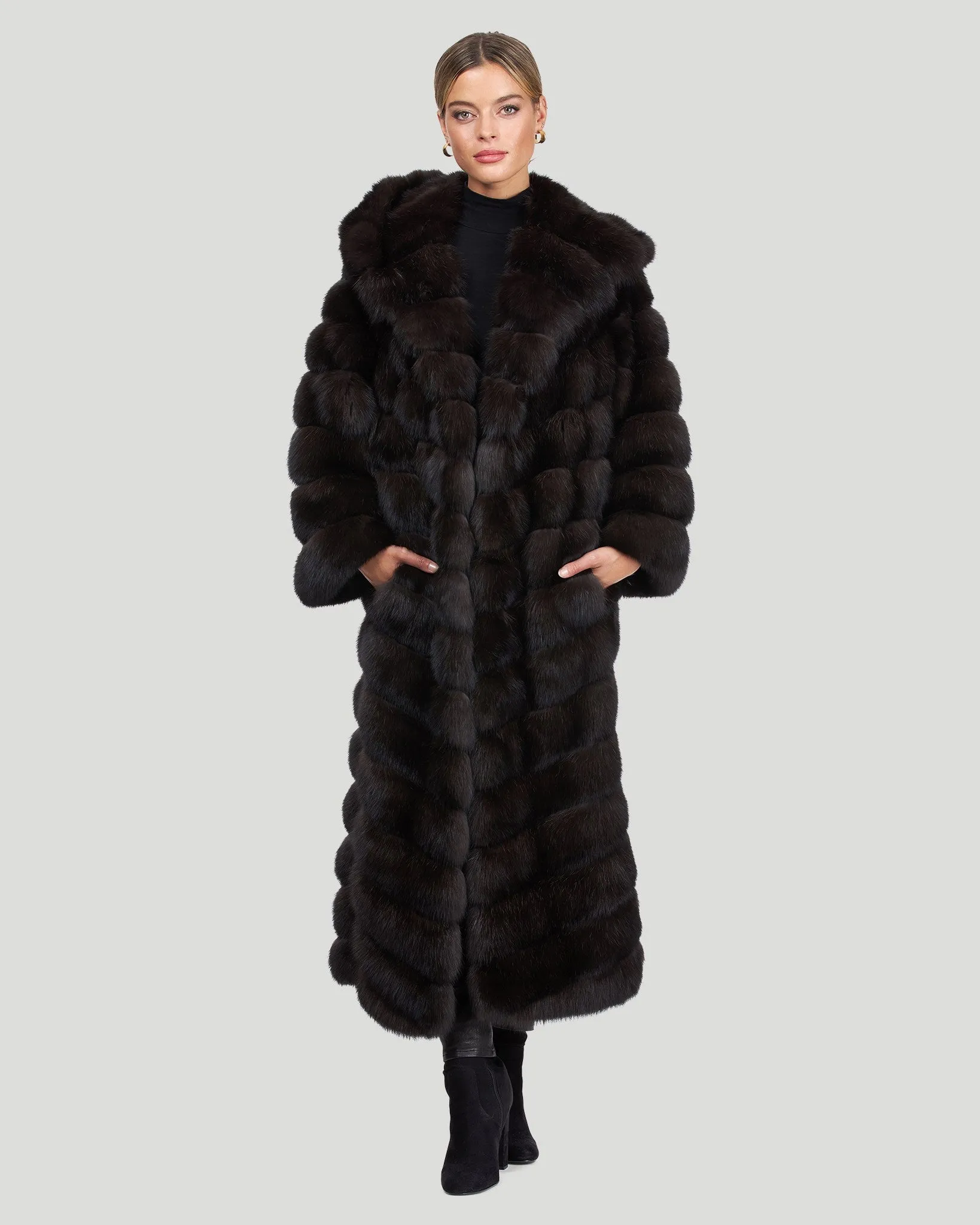 Horizontal Russian Sable Coat with Hood and Leather Belt