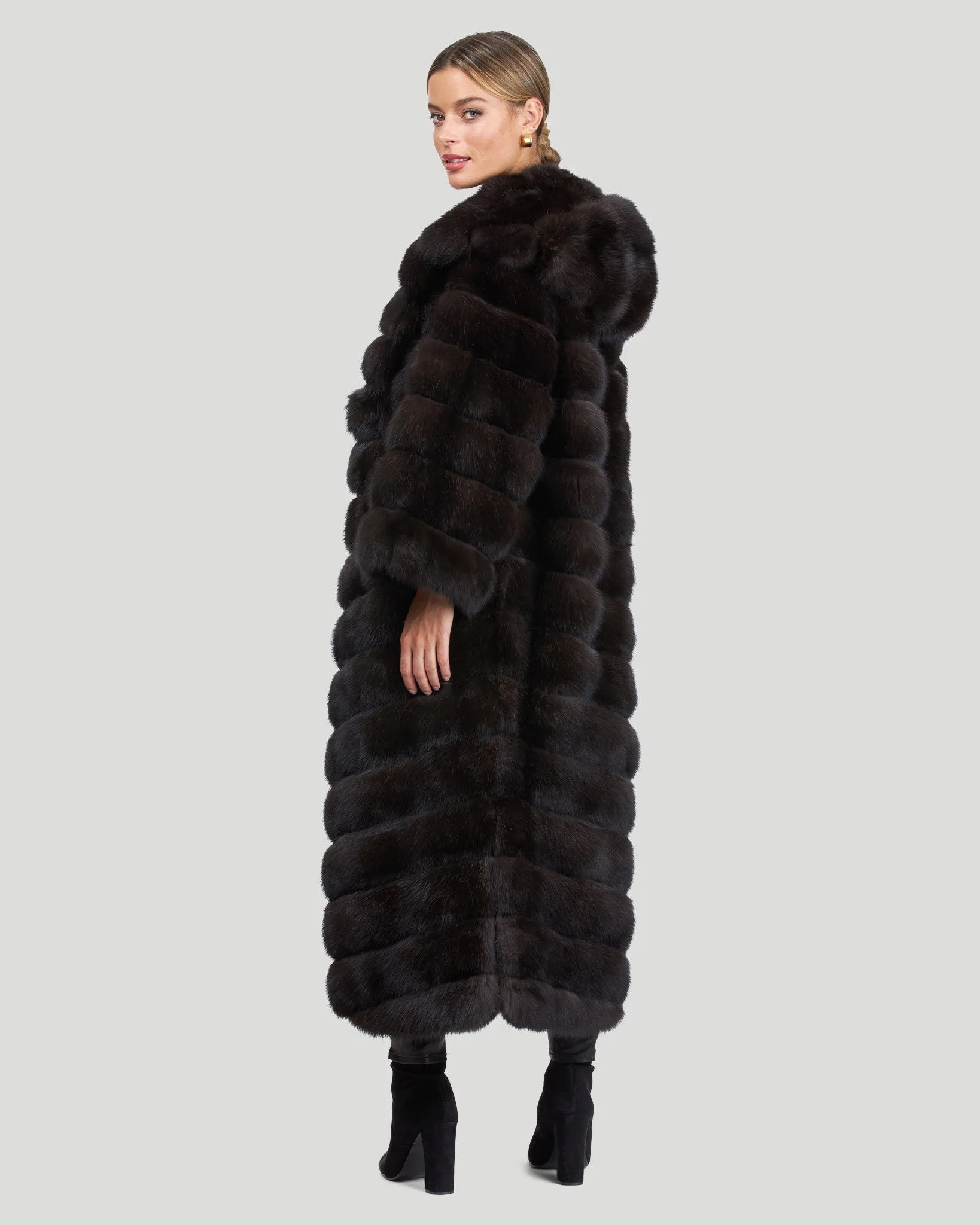 Horizontal Russian Sable Coat with Hood and Leather Belt