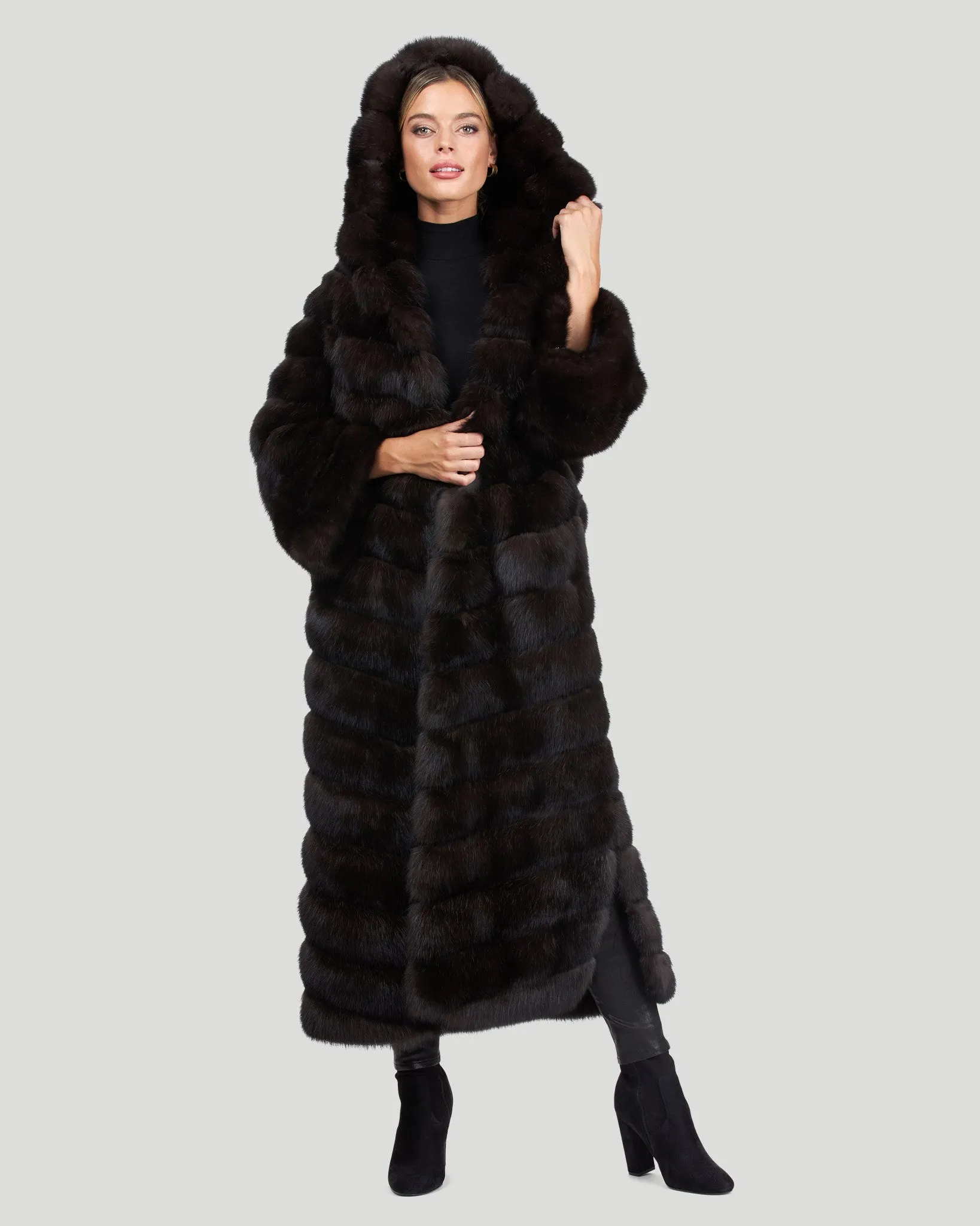 Horizontal Russian Sable Coat with Hood and Leather Belt