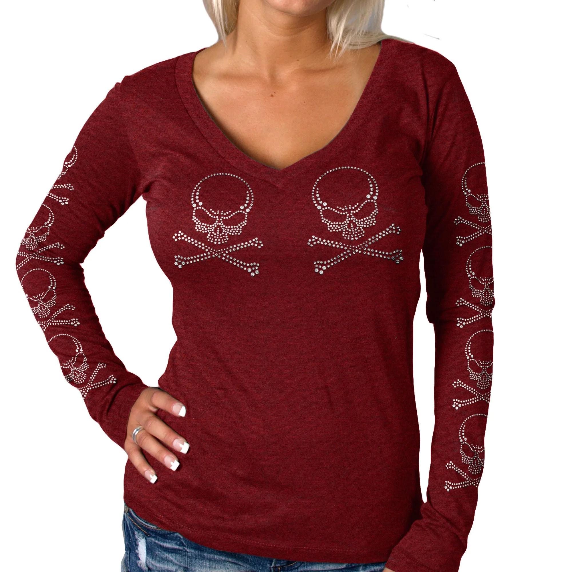 Hot Leathers Ladies Long Sleeve Studded Cross Bones Shirt