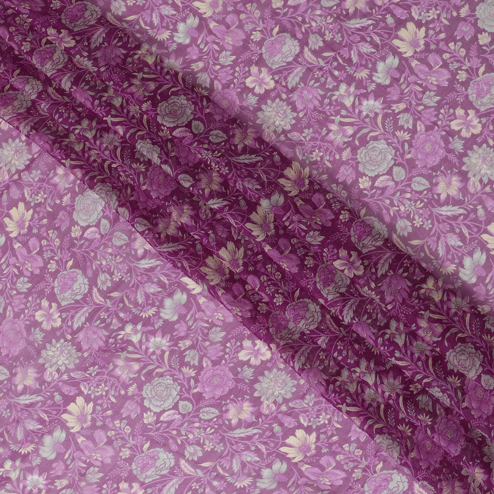 Lavender Blossom Pure Silk wrinkle Chiffon Fabric - Elegant Printed Design, 110cm Width - Buy Online by the Meter-D18044