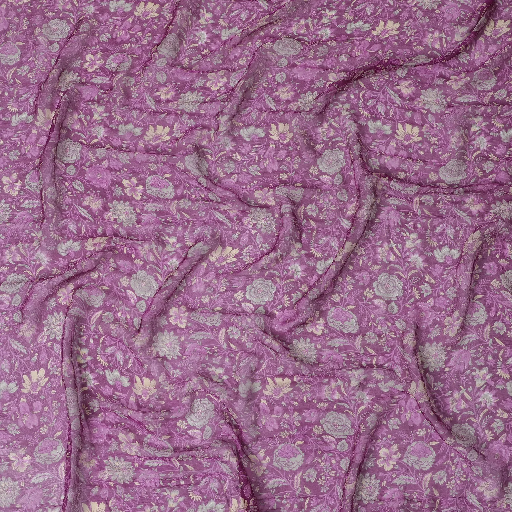 Lavender Blossom Pure Silk wrinkle Chiffon Fabric - Elegant Printed Design, 110cm Width - Buy Online by the Meter-D18044