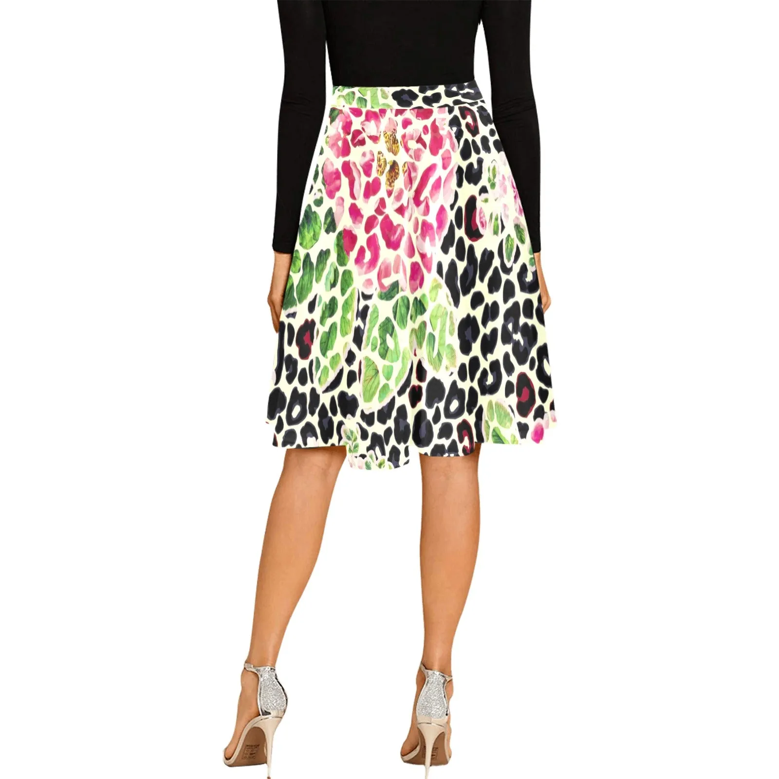 leopard rose print 2 Melete Pleated Midi Skirt (Model D15)