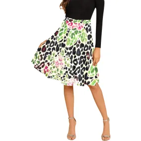 leopard rose print 2 Melete Pleated Midi Skirt (Model D15)