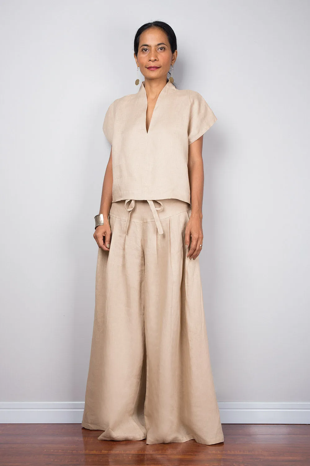 Linen wide leg palazzo pants. High waist women's summer pants