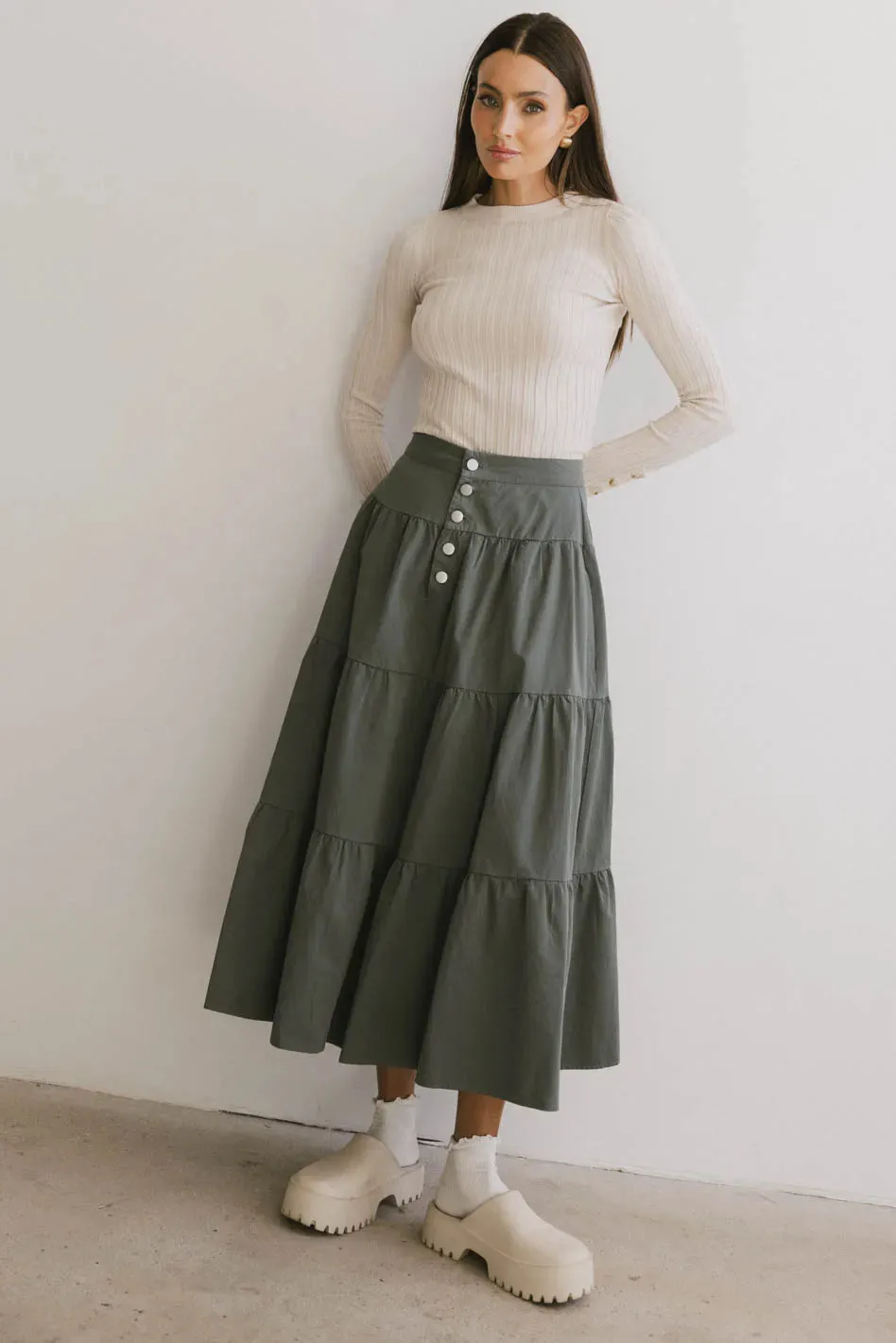 Luna Tiered Maxi Skirt in Sage