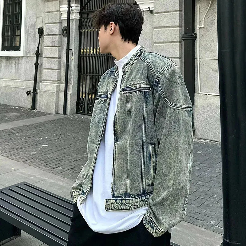 male denim jackets high street shoulder design multi-zipper patchwork solid color men's short coats American style 9C4867