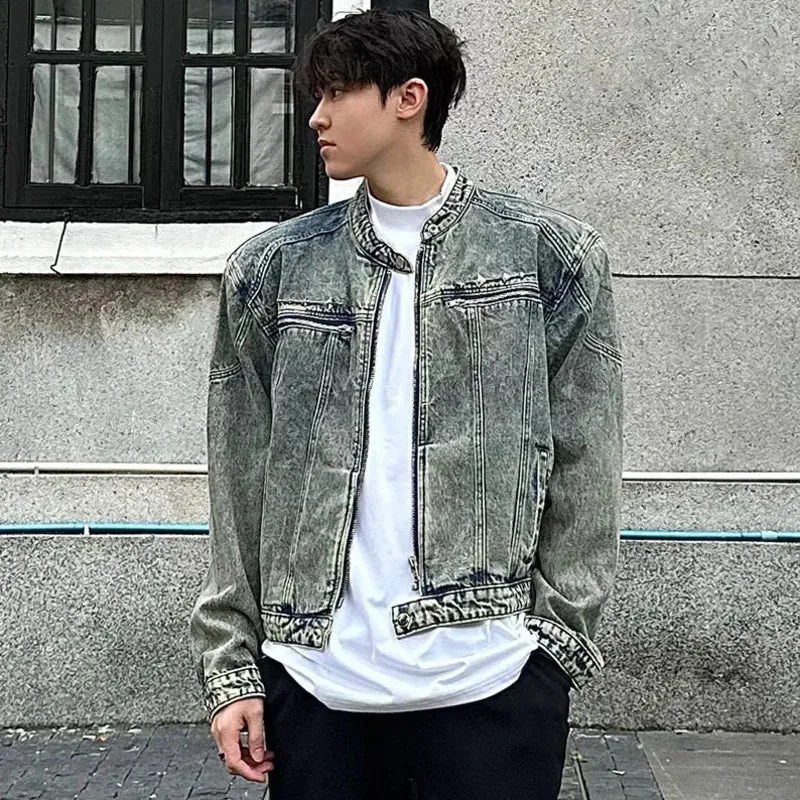 male denim jackets high street shoulder design multi-zipper patchwork solid color men's short coats American style 9C4867