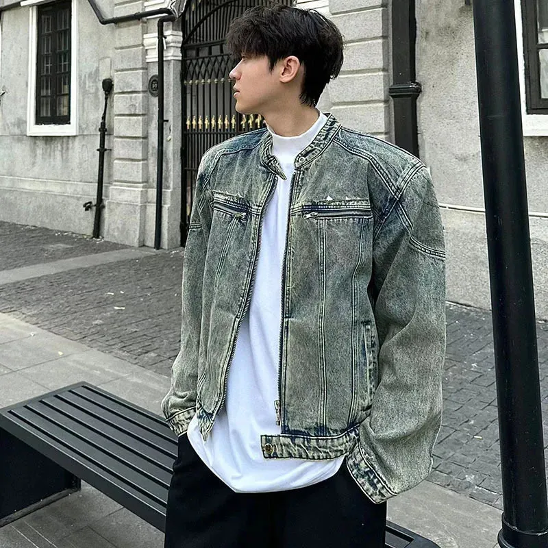 male denim jackets high street shoulder design multi-zipper patchwork solid color men's short coats American style 9C4867