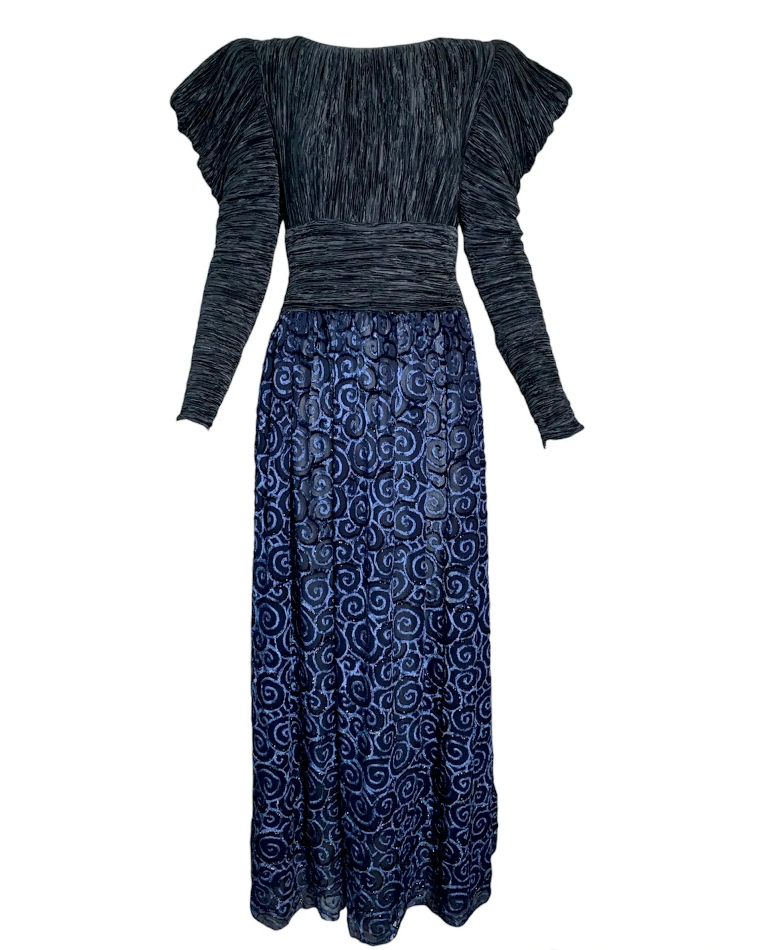 Mary McFadden 80s Blue Pleated Gown with Cut Velvet Skirt.