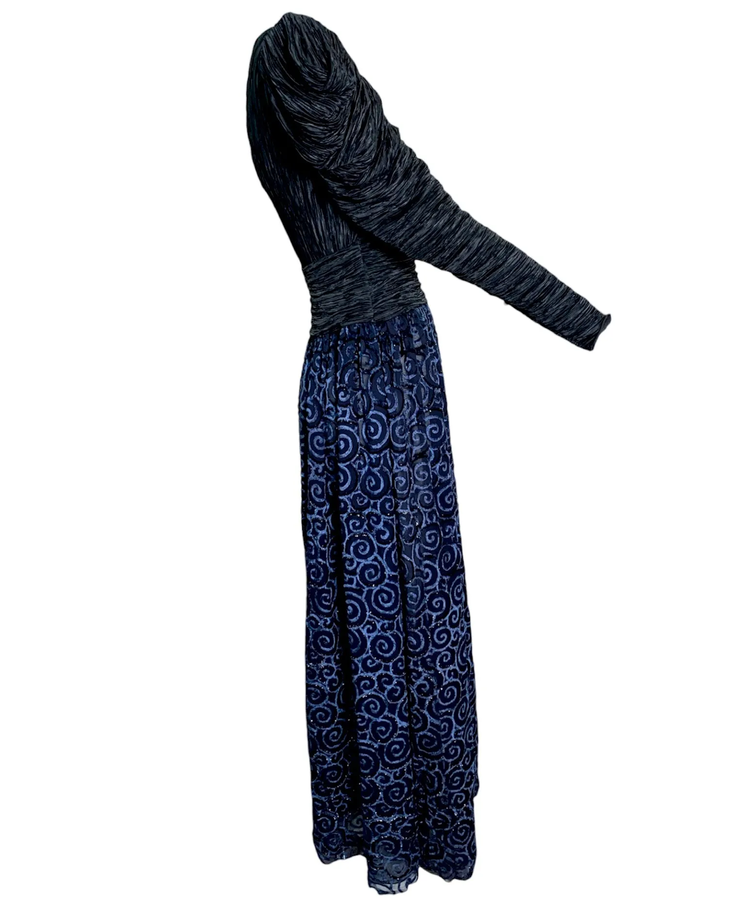 Mary McFadden 80s Blue Pleated Gown with Cut Velvet Skirt.