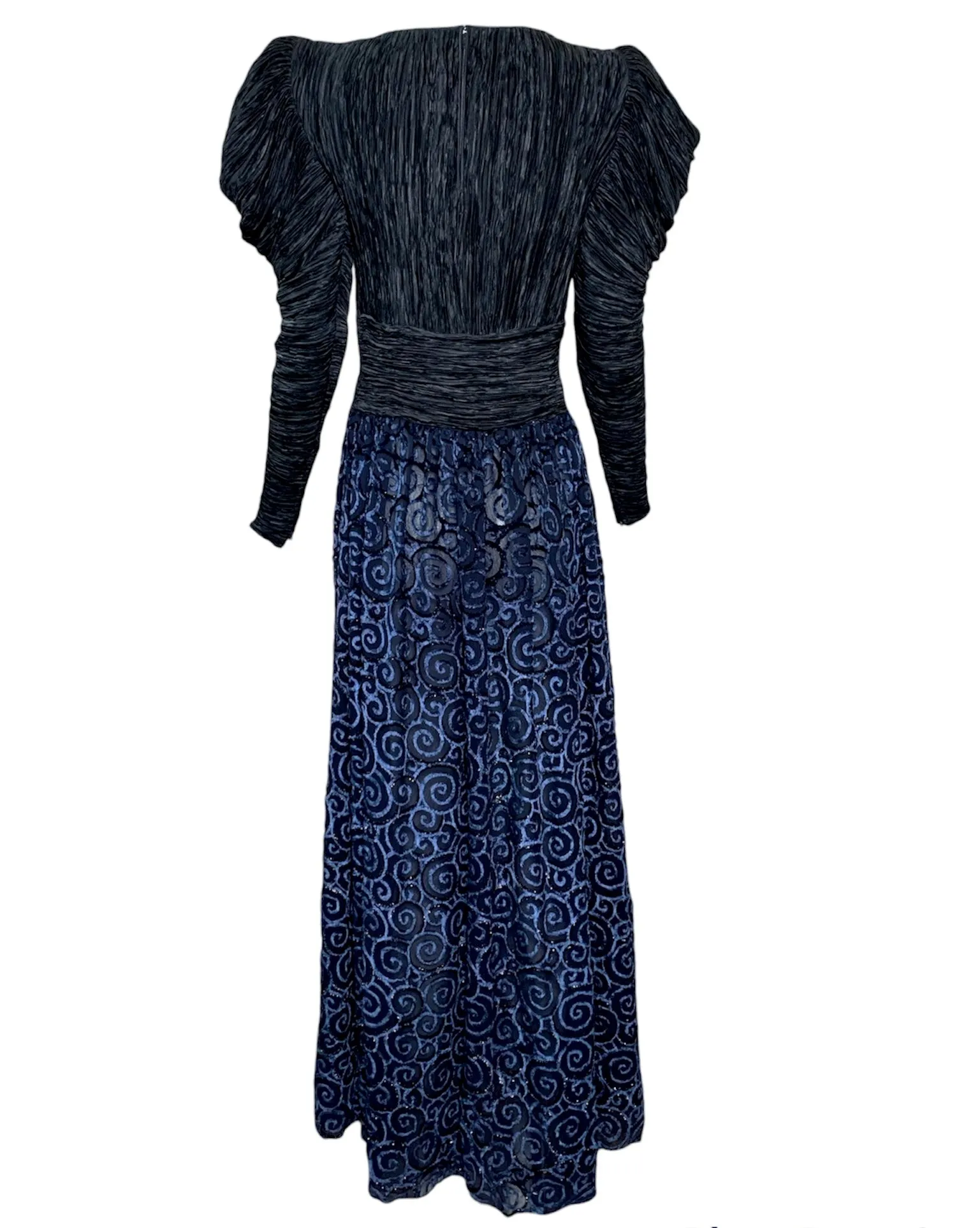 Mary McFadden 80s Blue Pleated Gown with Cut Velvet Skirt.