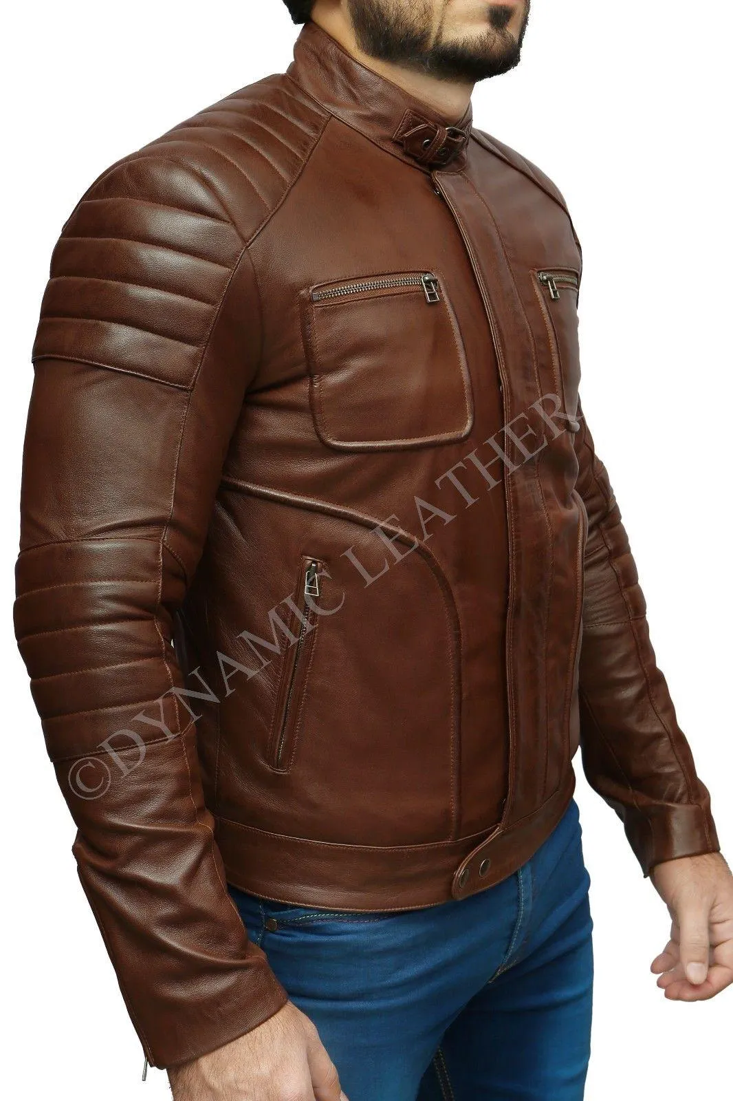 Mens Biker Motorcycle Vintage Brown Pocket Cafe Racer Soft Real Leather Jacket