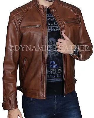 Men's Biker Quilted Vintage Distressed Motorcycle Cafe Racer Leather Jacket