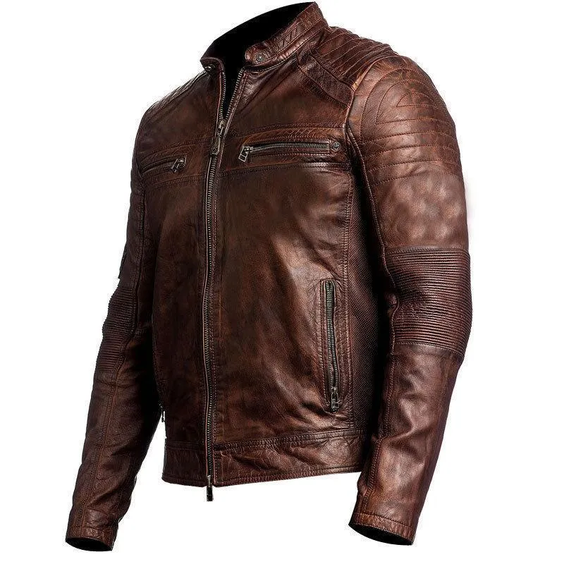 Mens Biker Vintage Distressed Brown Cafe Racer Leather Jacket