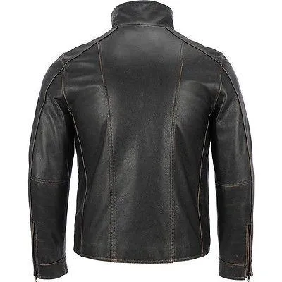 Men's Black Rivet Leather Faded-Seam Jacket Genuine Cowhide Leather