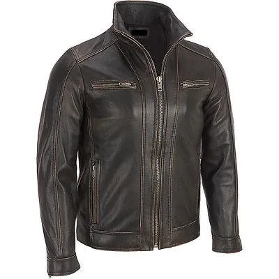 Men's Black Rivet Leather Faded-Seam Jacket Genuine Cowhide Leather