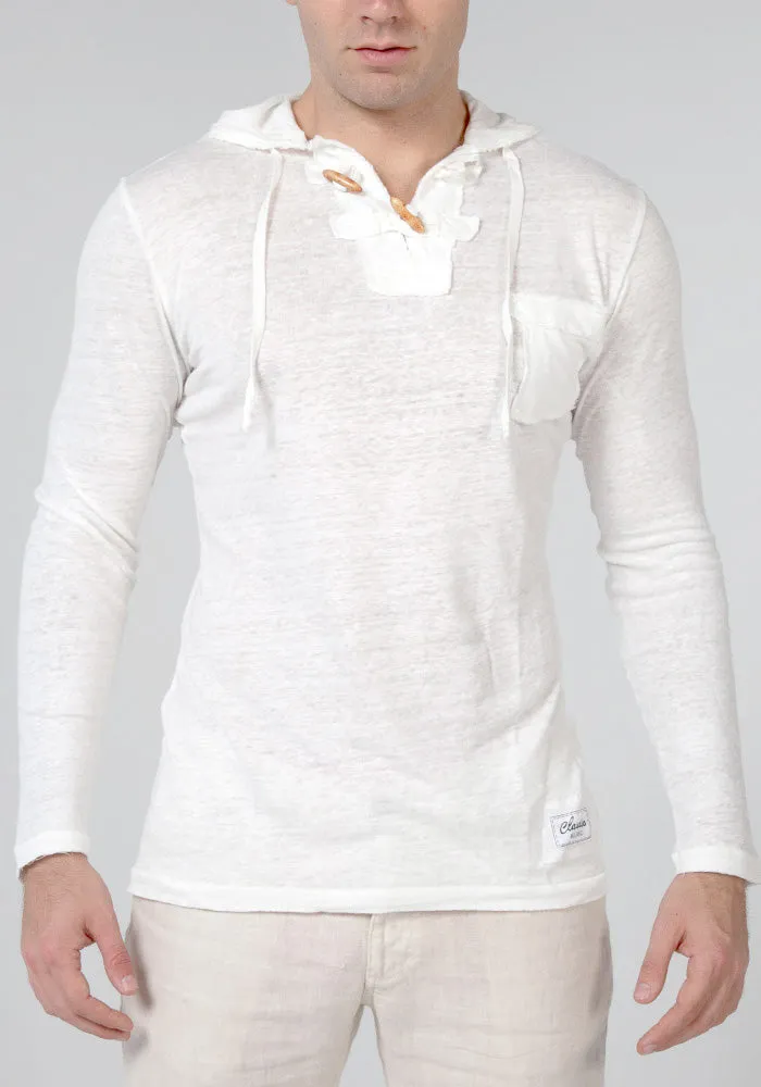 Men's Linen Jersey Long Sleeve Hoodie Shirt | Italian Style with Pocket and Wooden Fasteners, Item #1133