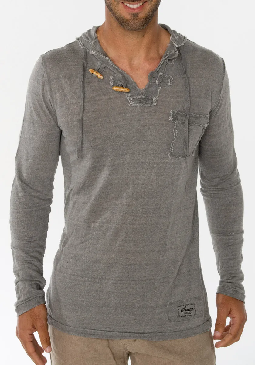 Men's Linen Jersey Long Sleeve Hoodie Shirt | Italian Style with Pocket and Wooden Fasteners, Item #1133