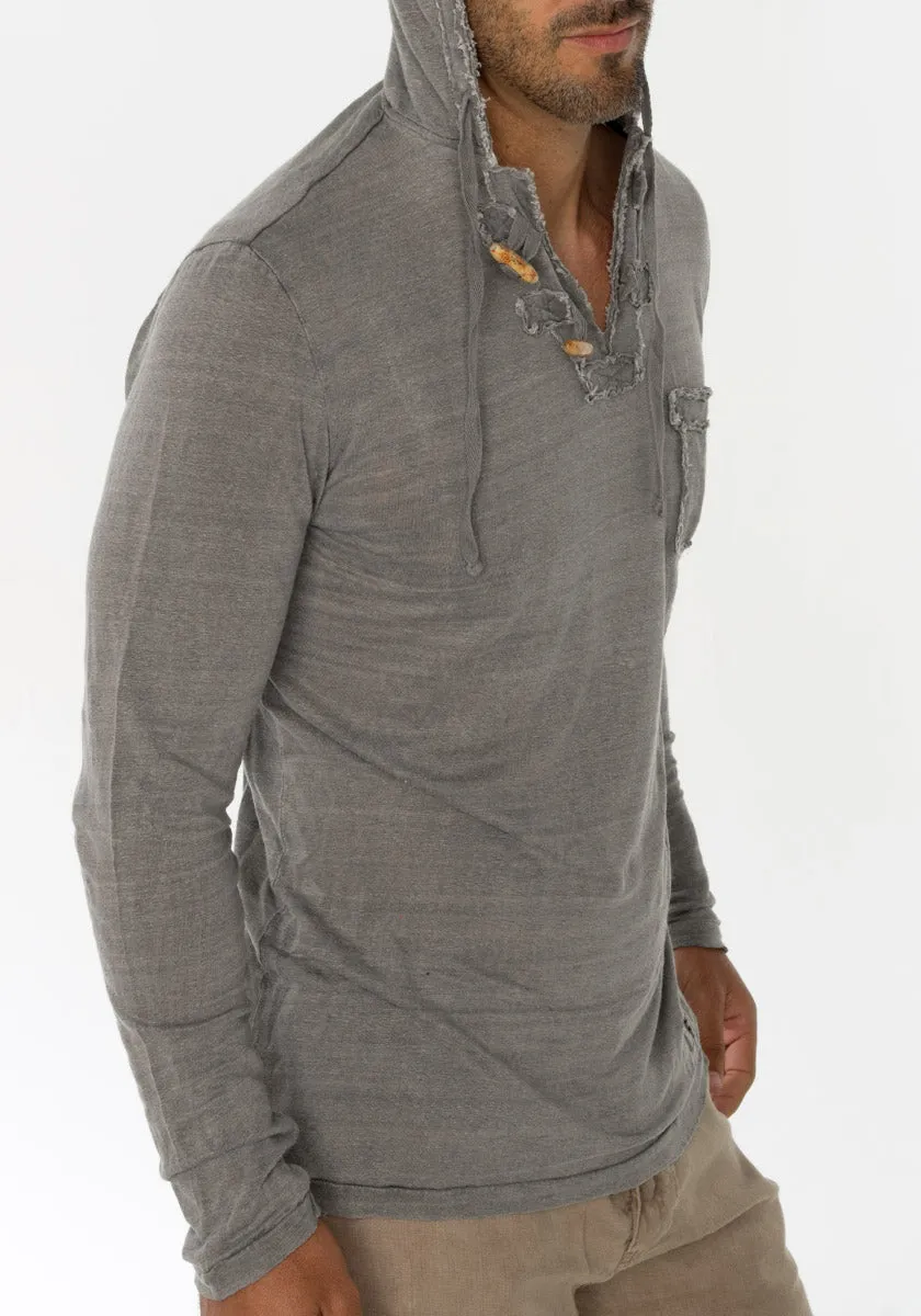 Men's Linen Jersey Long Sleeve Hoodie Shirt | Italian Style with Pocket and Wooden Fasteners, Item #1133