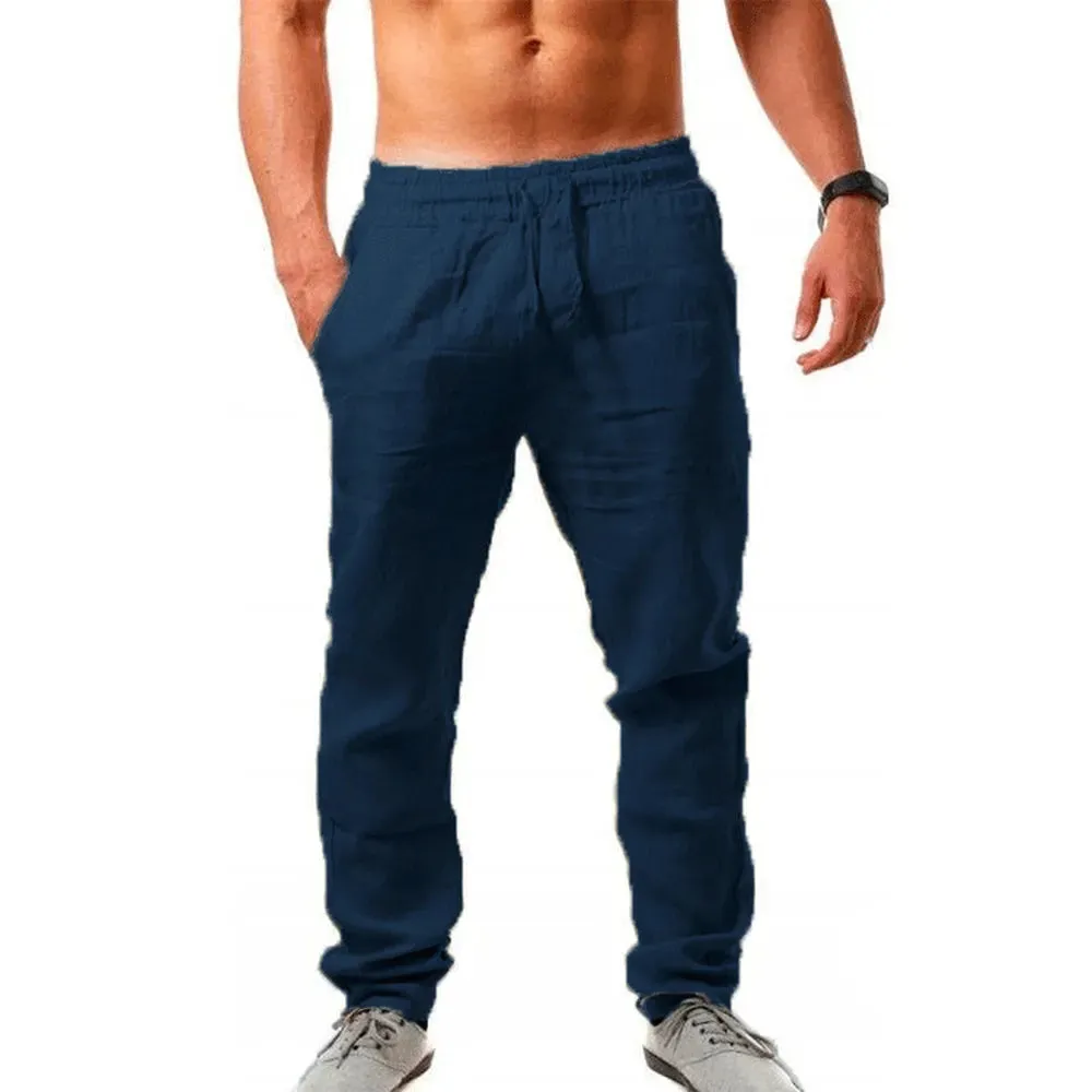 Men's New  Fashion  Casual Sport Pants Elastic Waist Cotton and Linen Solid Color Trousers