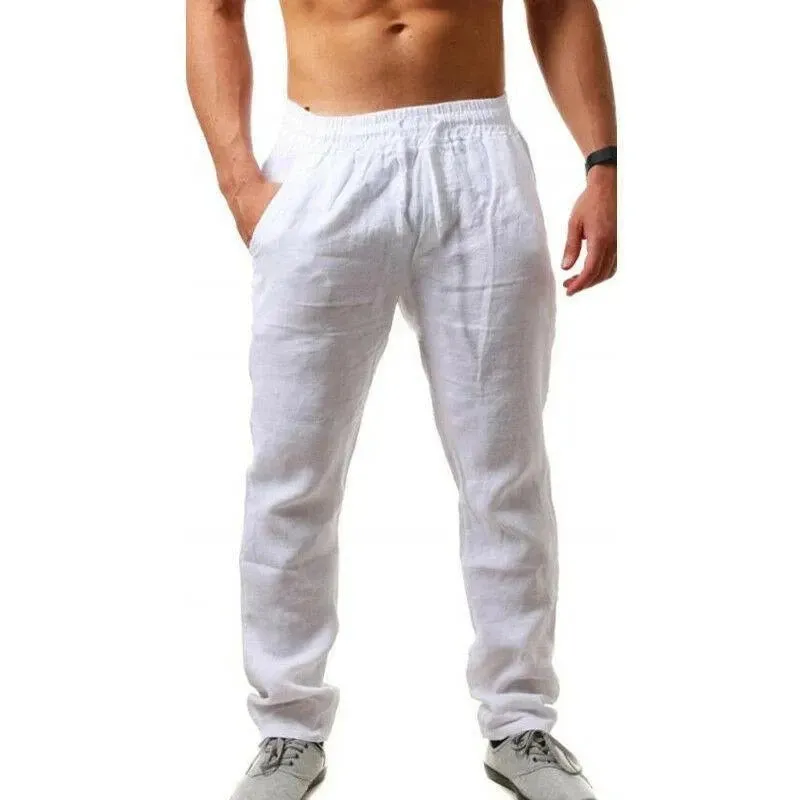 Men's New  Fashion  Casual Sport Pants Elastic Waist Cotton and Linen Solid Color Trousers