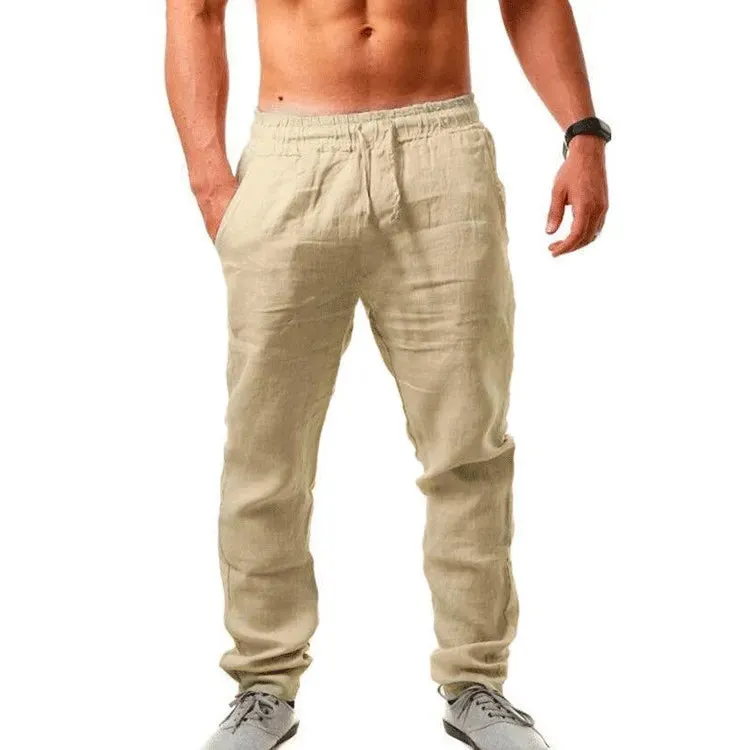 Men's New  Fashion  Casual Sport Pants Elastic Waist Cotton and Linen Solid Color Trousers