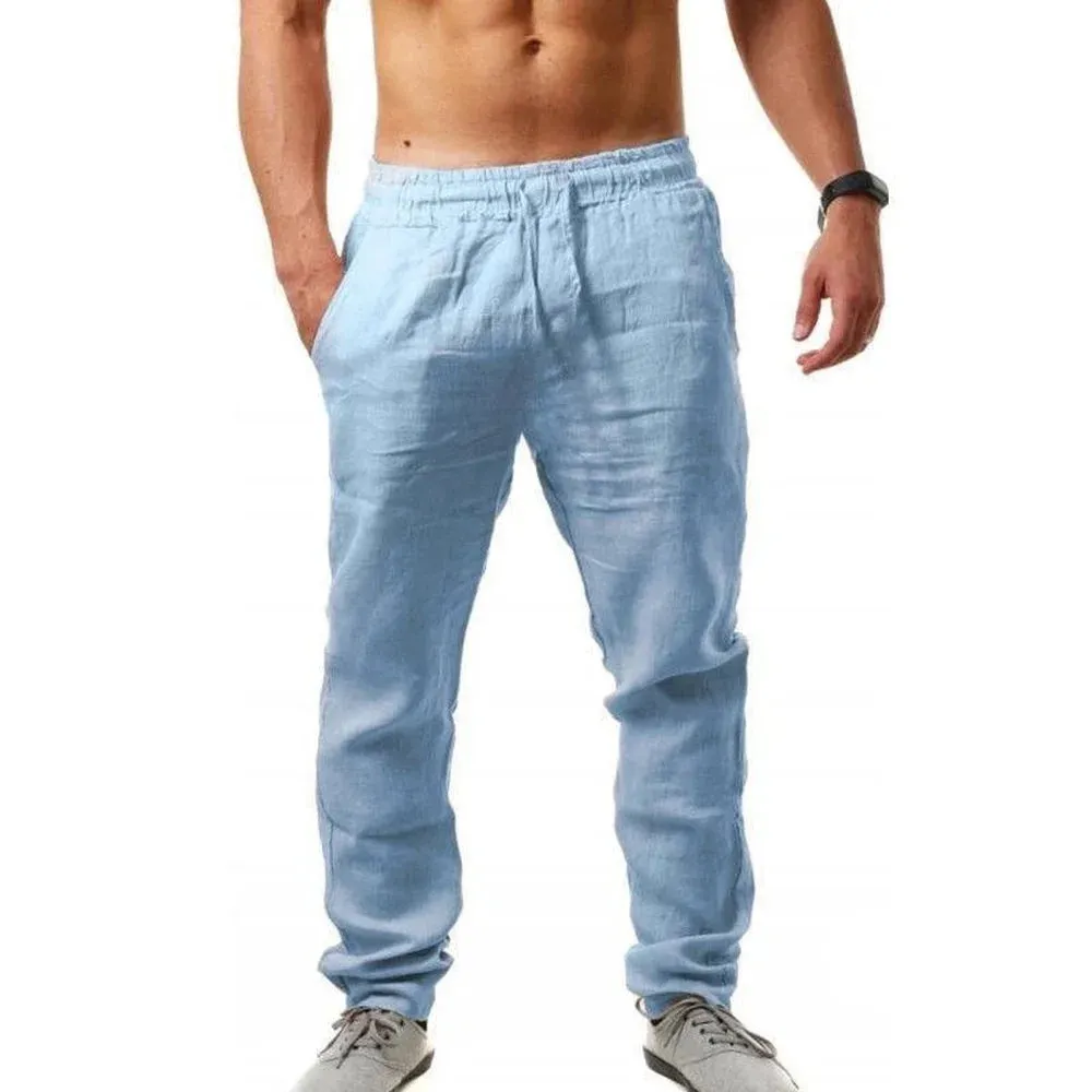 Men's New  Fashion  Casual Sport Pants Elastic Waist Cotton and Linen Solid Color Trousers