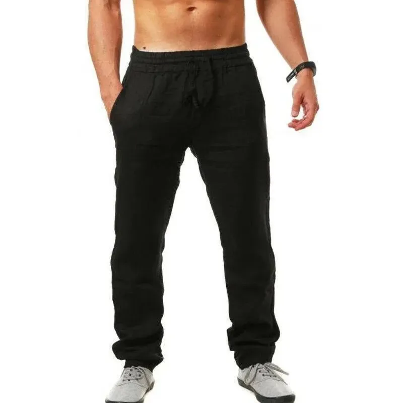 Men's New  Fashion  Casual Sport Pants Elastic Waist Cotton and Linen Solid Color Trousers